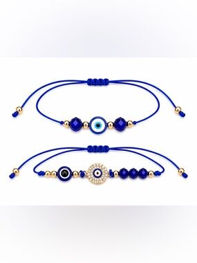 Cobalt Blue Evil Eye Adjustable Cord Bracelets Set Gold Tone Crystal Charm 2pcs